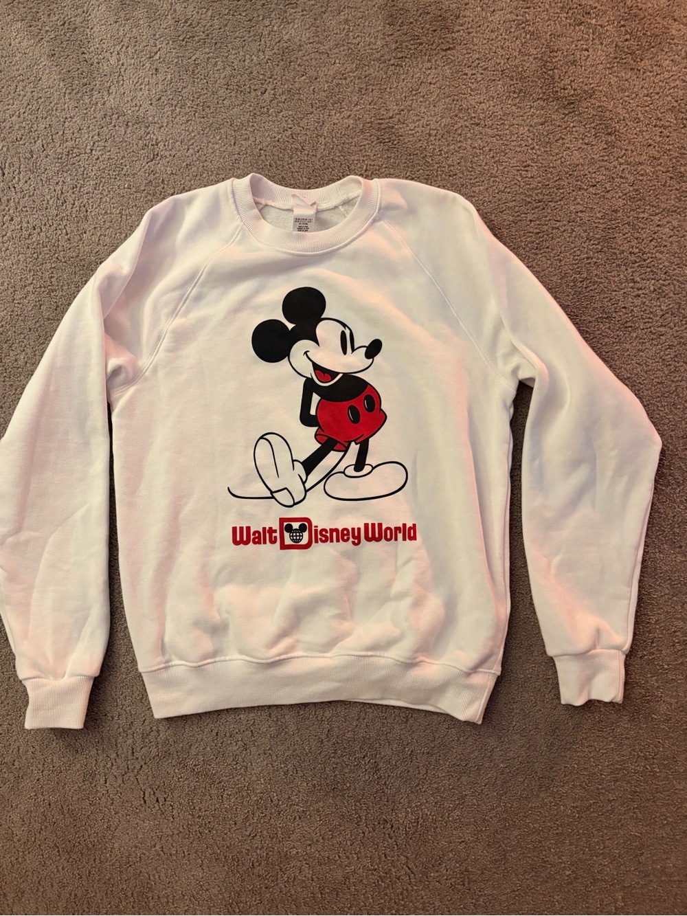 Disney White Crewneck with Black Mickey Tag Graphic